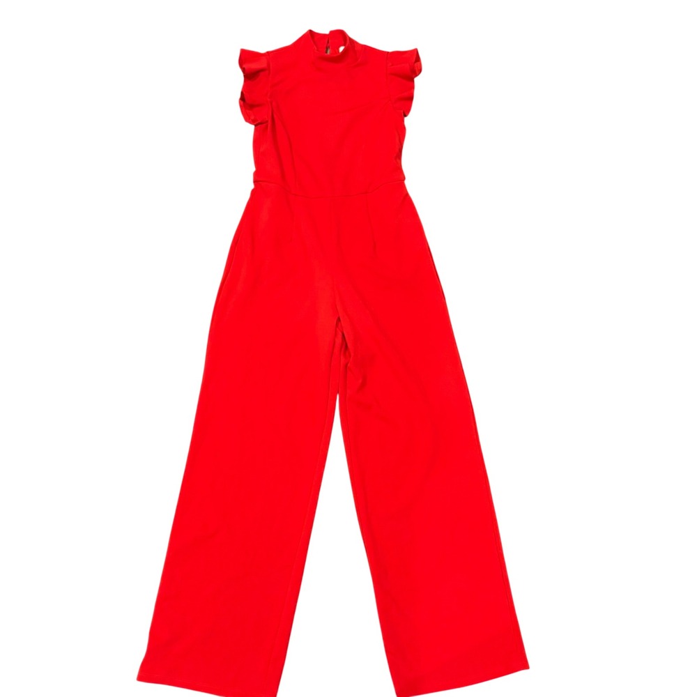 Red Wide Leg Jumpsuit Mock Neck Ruffled Sleeve Holiday Cocktail Party S Event